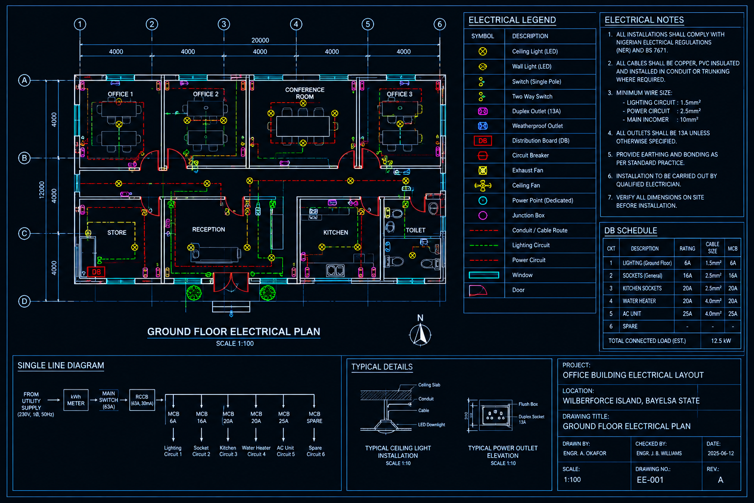 Electrical single-line diagram and power distribution